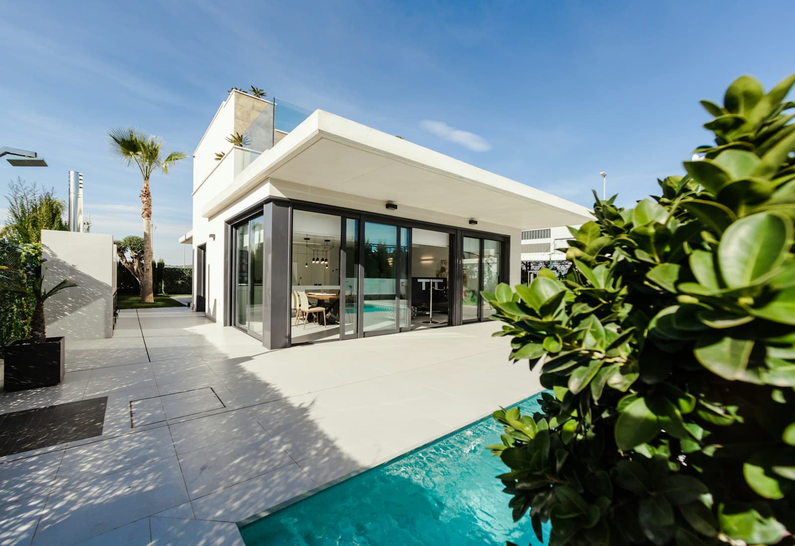 Illustrative white contemporary home with broad windows and mature palms