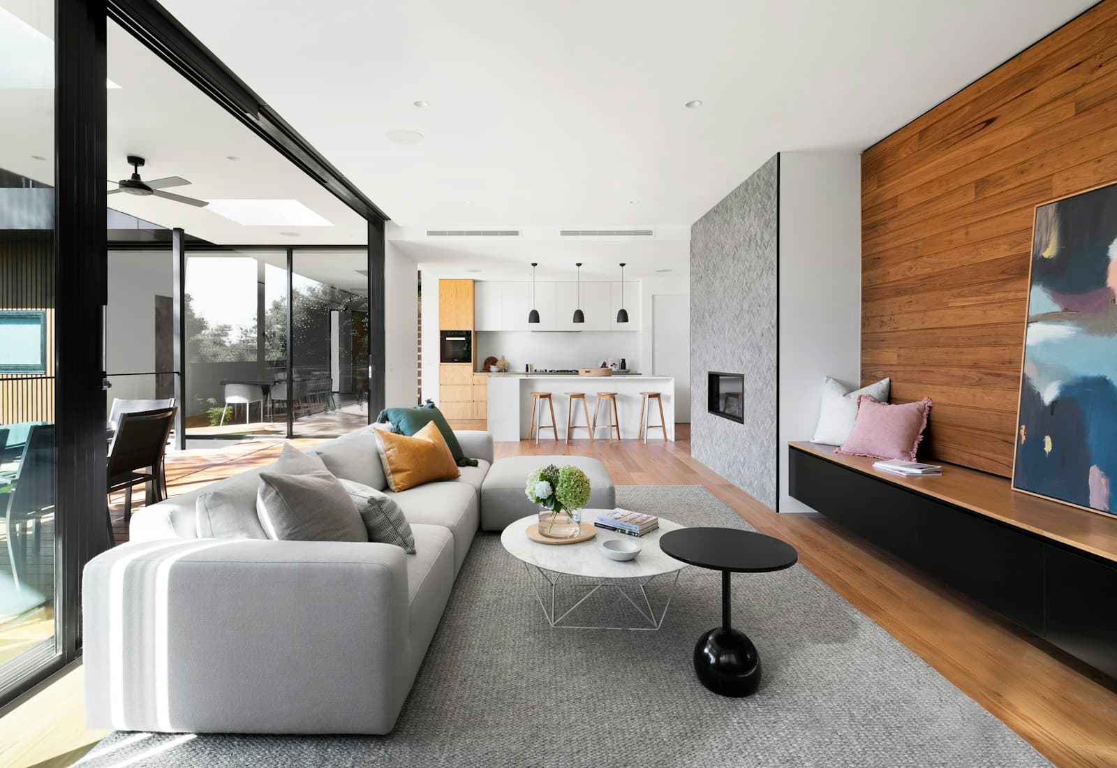 Illustrative architectural space opening towards greenery