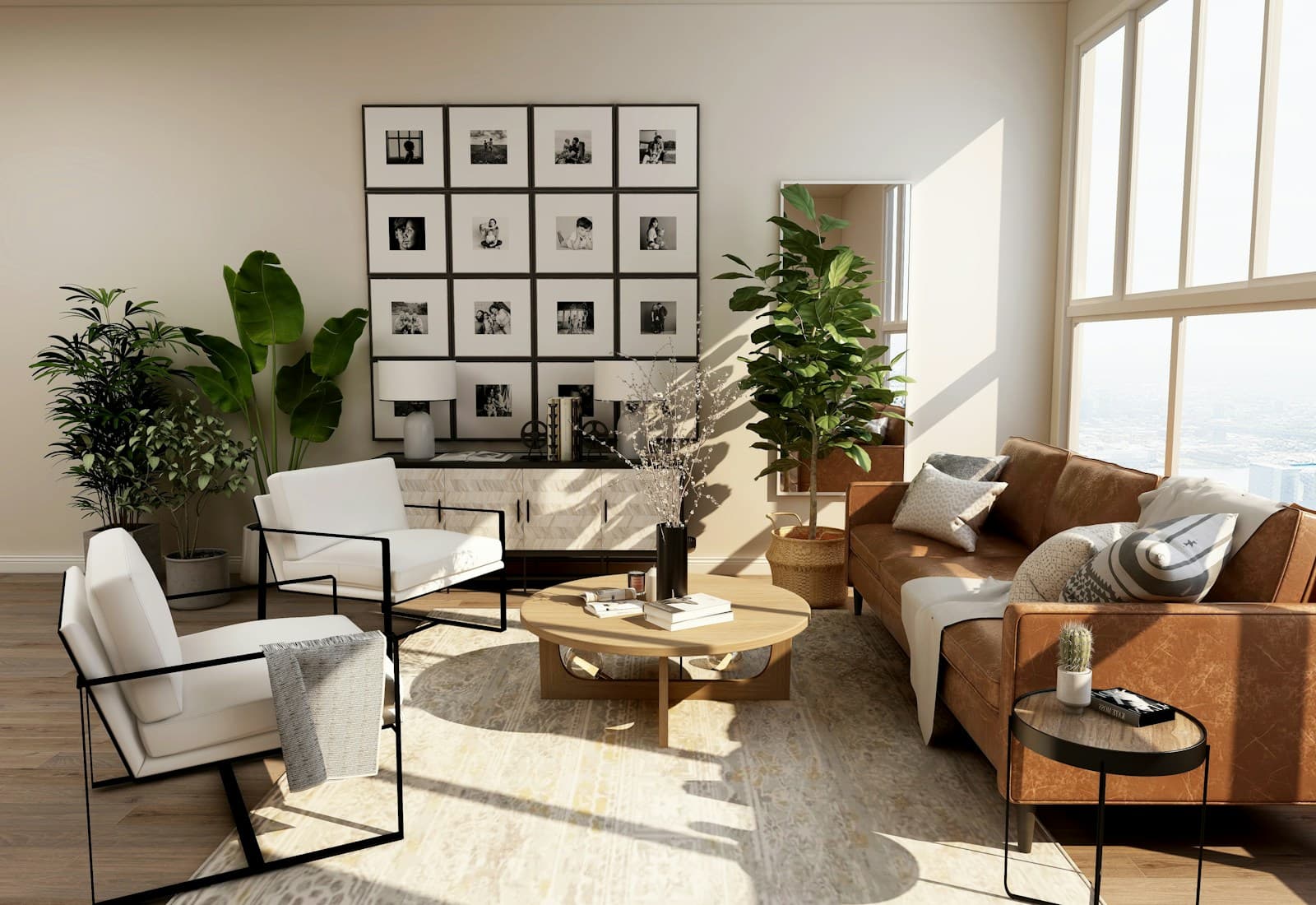 Illustrative sunlit living room with generous seating and natural materials